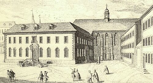 Kollegienhaus mit Bibliothek im oberen Stockwerk
(Kupferstich von Heumann 1746/47)